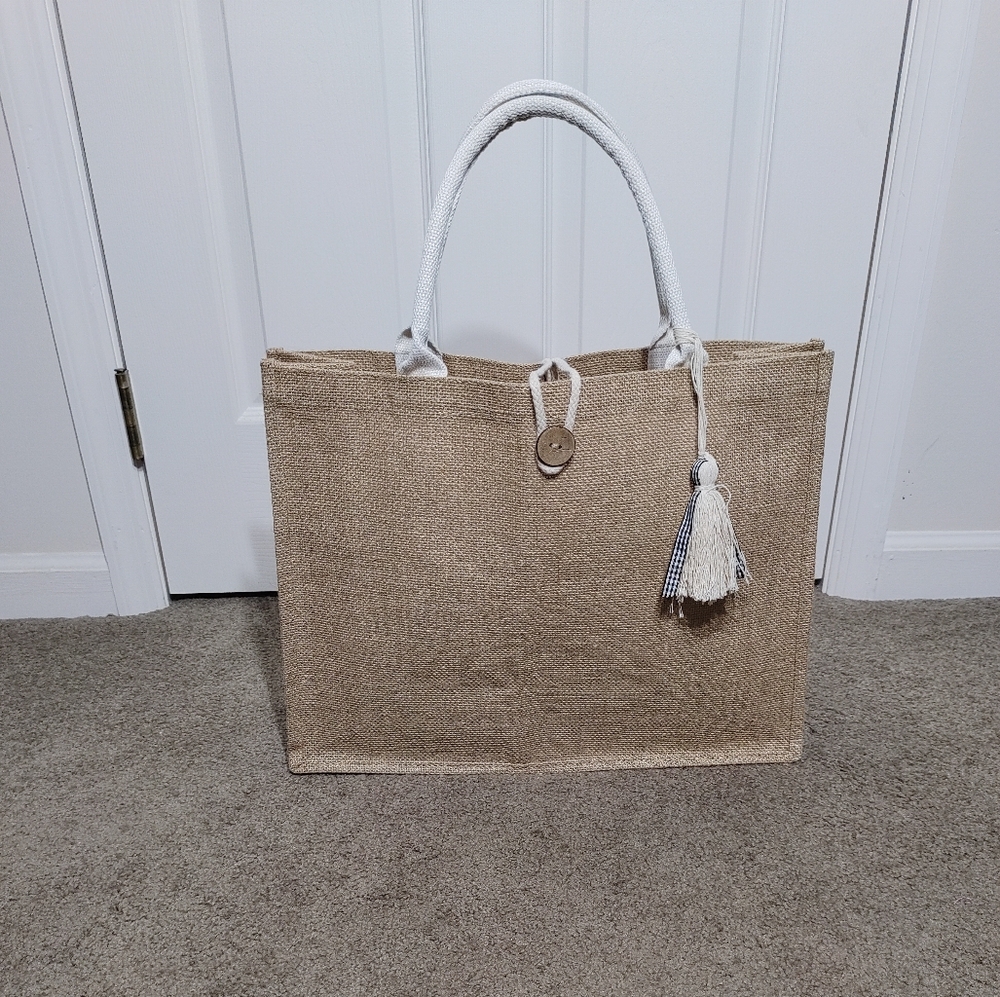 Tan Canvas Tote Bag with Decorative Tassel